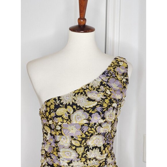 ZARA One Shoulder Mini Dress Draped  Floral Yellow Metallic Cocktail - Picture 4 of 11